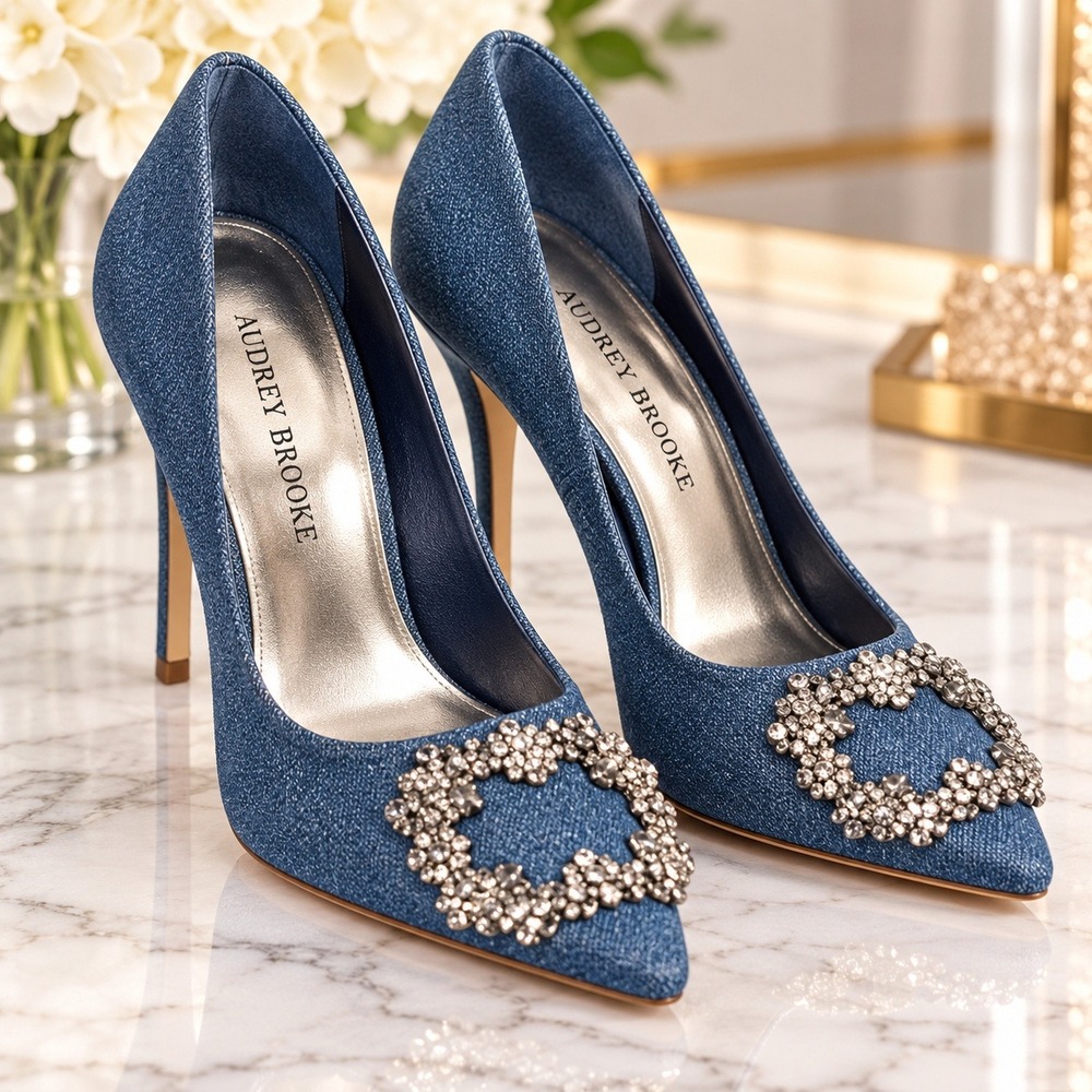 Audrey Brooke Blue Denim Rhinestone Buckle Pointed Toe Stiletto Pumps Heels